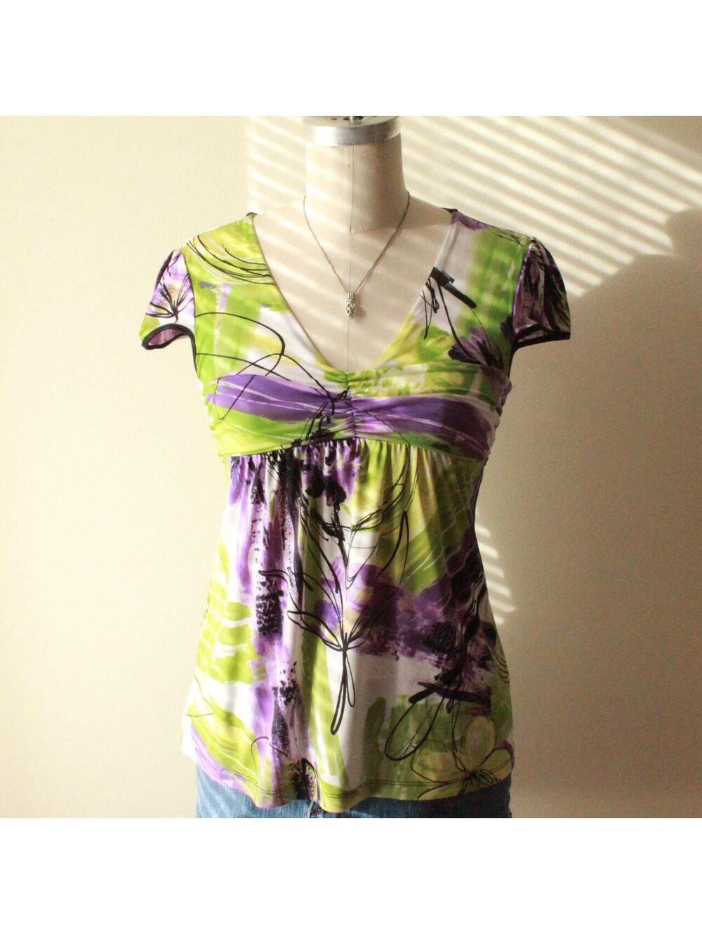 American Vintage dots Y2K Abstract Floral Babydoll Top in Lime Green and Purple,